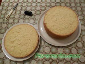 Ровно разрезанный корж бисквита лежит на тарелке