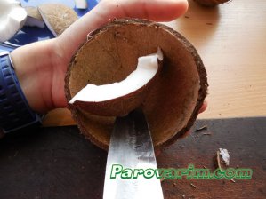 Коричневая кожура на мякоти кокоса